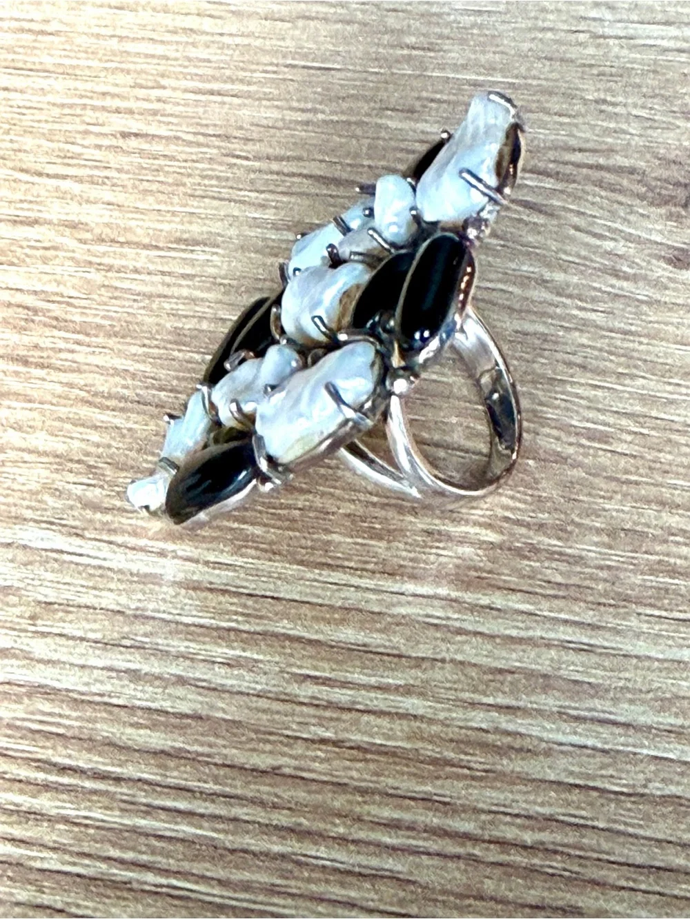 Vintage CFJ THAI 925 Sterling Silver Baroque Pearl Black Onyx Cluster Ring Sz 8